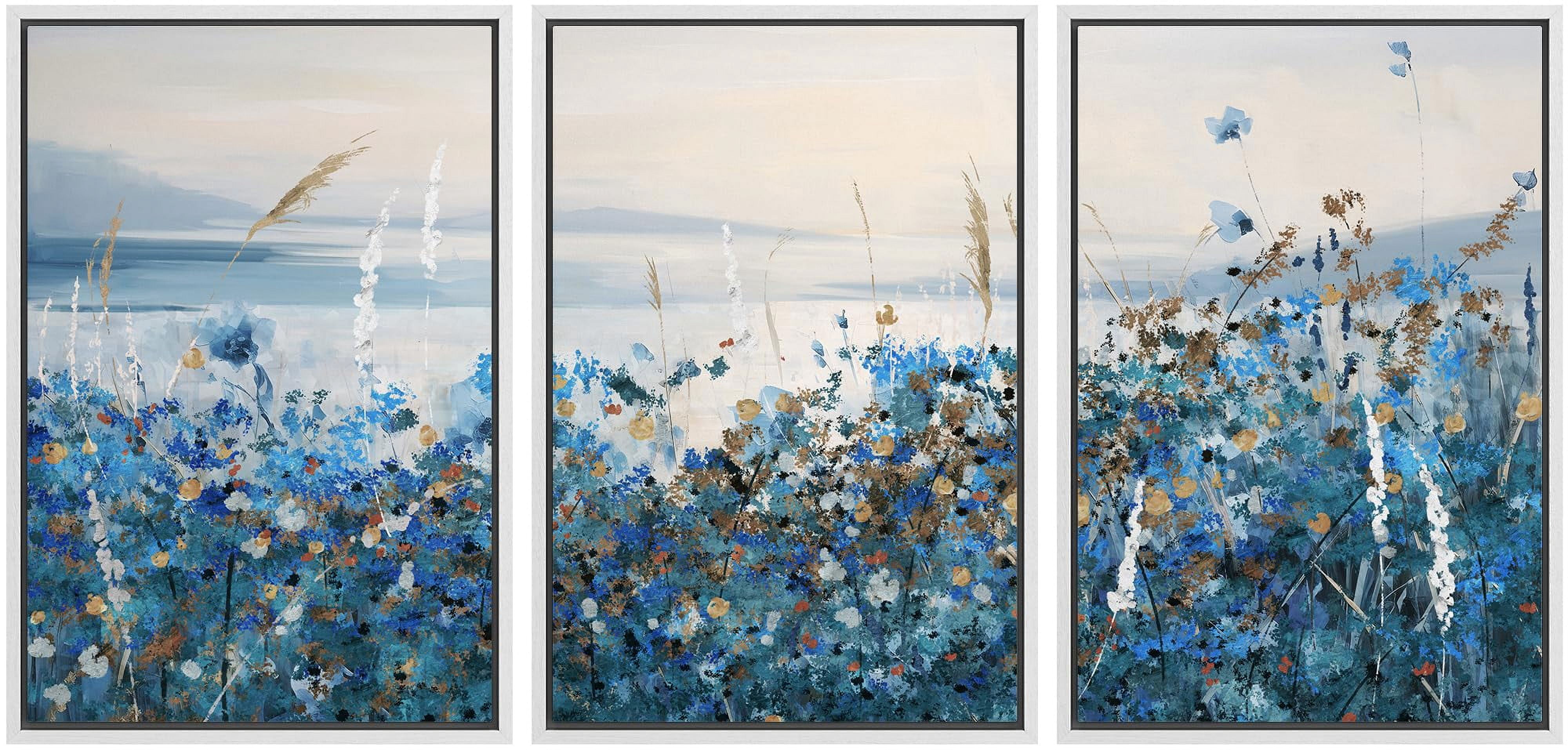 IDEA4WALL Framed Canvas Print Wall Art Set of 3 Floral Symphony in Blue ...