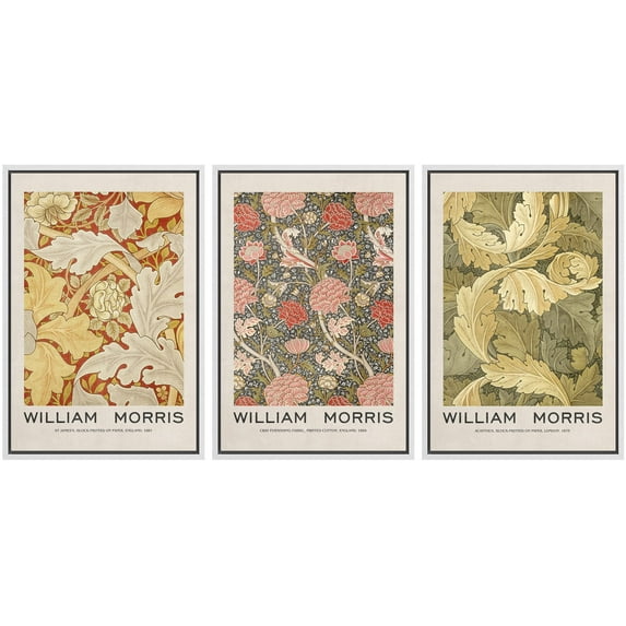 IDEA4WALL Framed Canvas Print Wall Art Set of 3 Floral Tapestry Collage Art By William Morris Botanical Flowers Floral Illustration Prints Art Vintage Artwork for Room Decor -