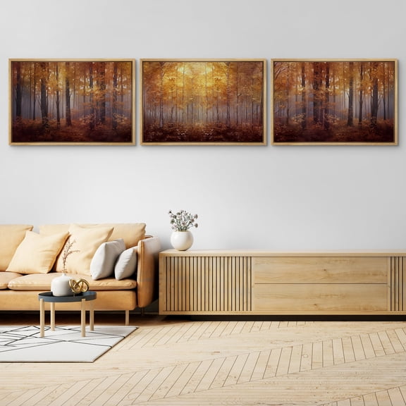 IDEA4WALL Framed Canvas Print Wall Art Set of 3 Fog & Mist Over Dark Autumn Golden Pine Tree Forest Posters Wall Decor Nature Wilderness Prints Farmhouse Country Artwork - 24"x36"x3 Natural