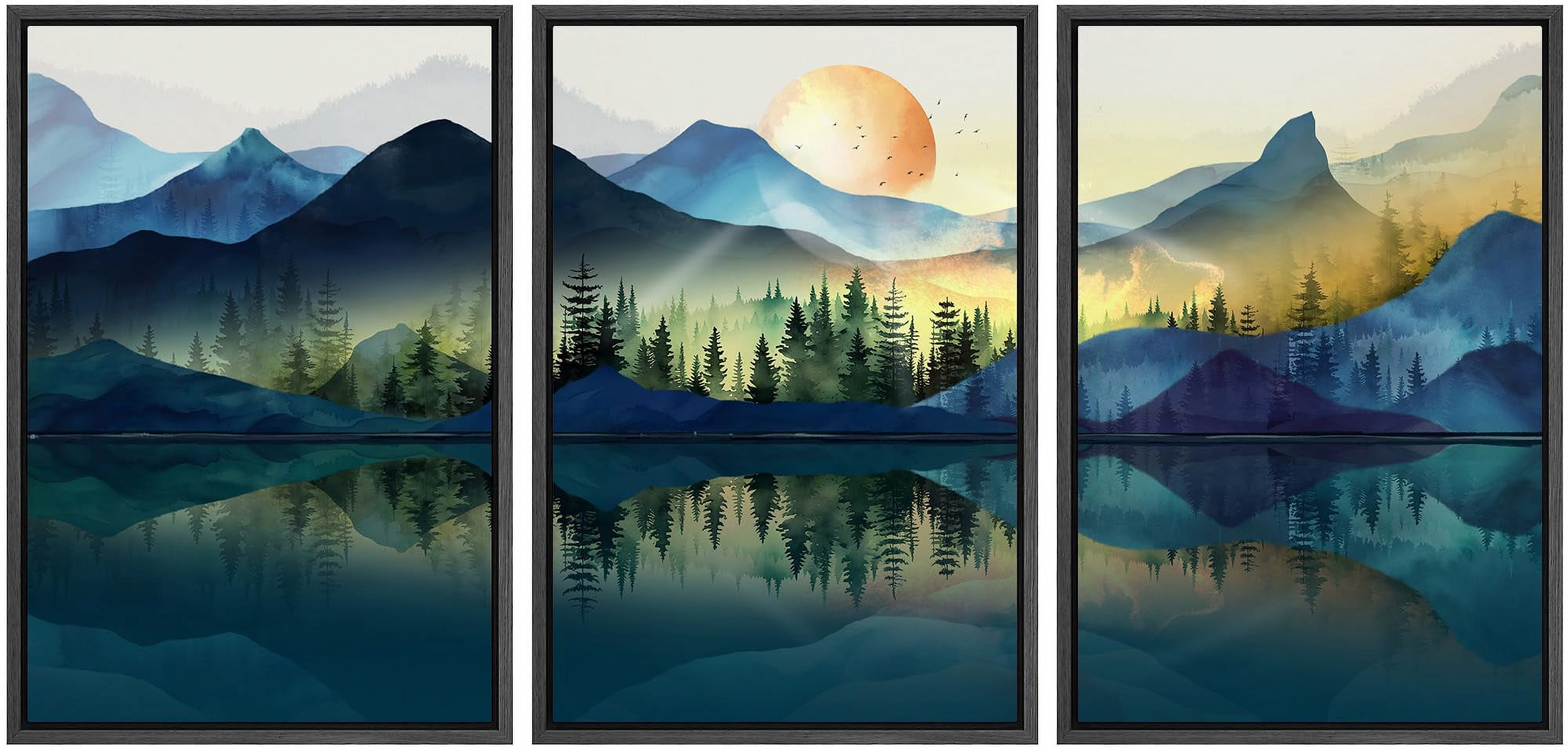 IDEA4WALL Framed Canvas Print Wall Art Set of 3 Forest and Lake Calming ...