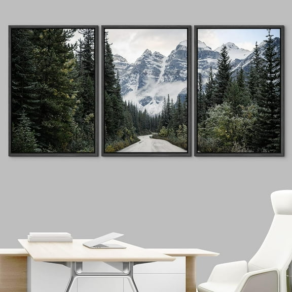 IDEA4WALL Framed Canvas Print Wall Art Set of 3 Forest Road to Winter Pine Tree Mountain Nature Wilderness Photography Realism Decorative Landscape Scenic for Rooms - 16"x24"x3 Panels Black