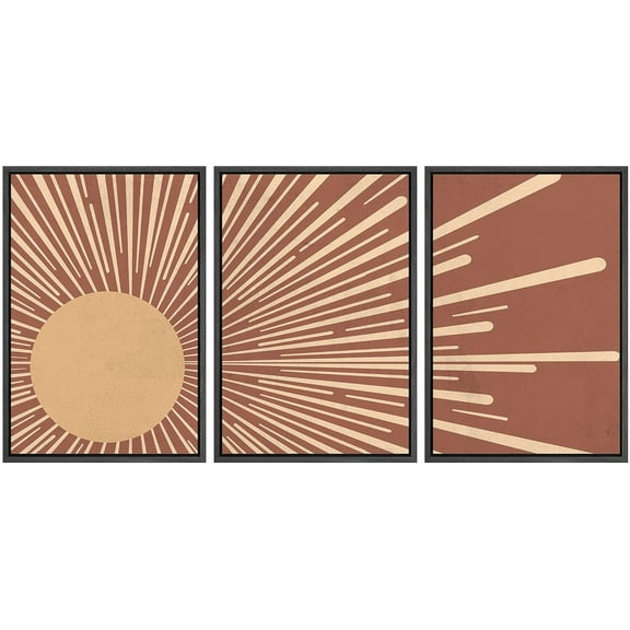 IDEA4WALL Framed Canvas Print Wall Art Set of 3 Geometric Crescent Sun & Planetary Orbit Astronomy & Space Sky Illustrations Mid-Century Modern Digital Art for Home Decor - Black 16"x24"x3