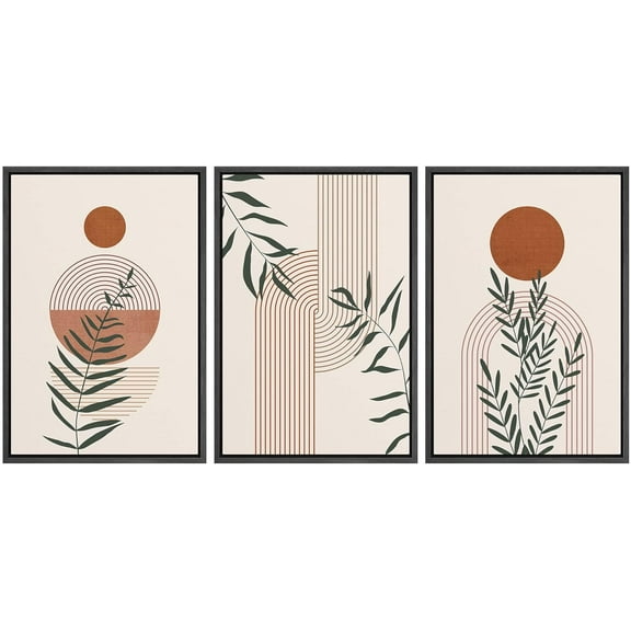 IDEA4WALL Framed Canvas Print Wall Art Set of 3 Geometric Forest Plant Polygon Boho Pattern Wall Decor Retro Abstract Collage Nordic Zen Prints Minimal Contemporary Artwork - Black 24"x36"x3