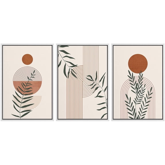 IDEA4WALL Framed Canvas Print Wall Art Set of 3 Geometric Forest Plant Polygon Boho Pattern Wall Decor Retro Abstract Collage Nordic Zen Prints Minimal Contemporary Artwork - White 24"x36"x3