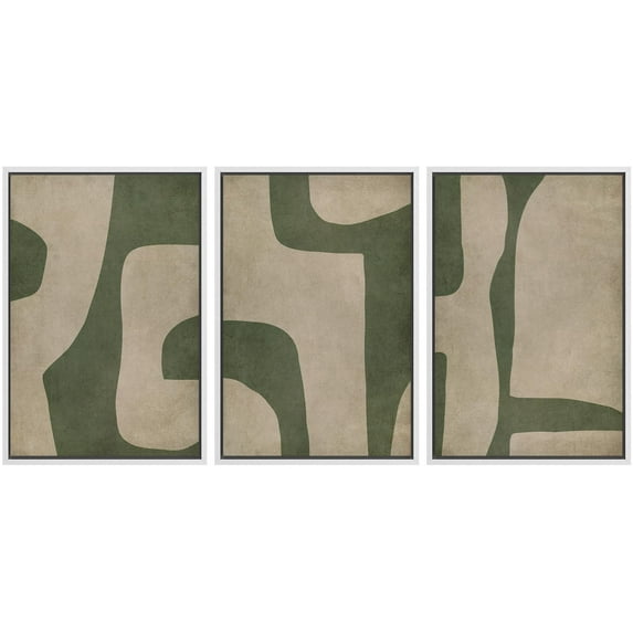 IDEA4WALL Framed Canvas Print Wall Art Set of 3 Geometric Green and Beige Tones Illustrations Print Pastel Abstract Landscape Modern Digital Art Boho Nordic for Home Decor -