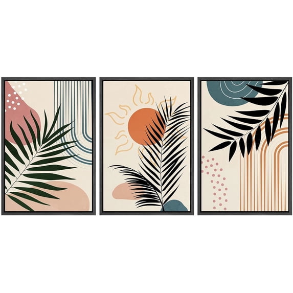 IDEA4WALL Framed Canvas Print Wall Art Set of 3 Geometric Jungle Leaf Polygon Collage Abstract Nature Illustrations Modern Art Nordic Zen Decorative for Home Decor - Black 24"x36"x3