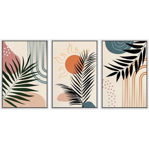 IDEA4WALL Framed Canvas Print Wall Art Set of 3 Geometric Jungle Leaf Polygon Collage Abstract Nature Illustrations Modern Art Nordic Zen Decorative for Home Decor - White 16"x24"x3