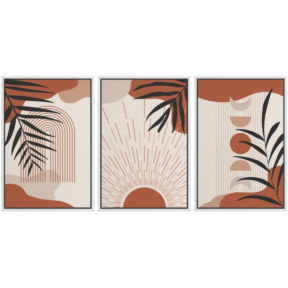 IDEA4WALL Framed Canvas Print Wall Art Set of 3 Geometric Jungle Palm Leaf & Polygon Pattern Wall Decor Colorful Abstract Collage Prints Minimal Modern Art Nordic Zen Artwork - White 24"x36"x3