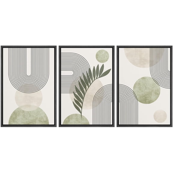 IDEA4WALL Framed Canvas Print Wall Art Set of 3 Geometric Lines and Circles Pattern Modern Art Wall Decor Abstract Shape Prints Minimal Artwork Zen Relax/Clam For Home Decor - Black 24"x36"x3