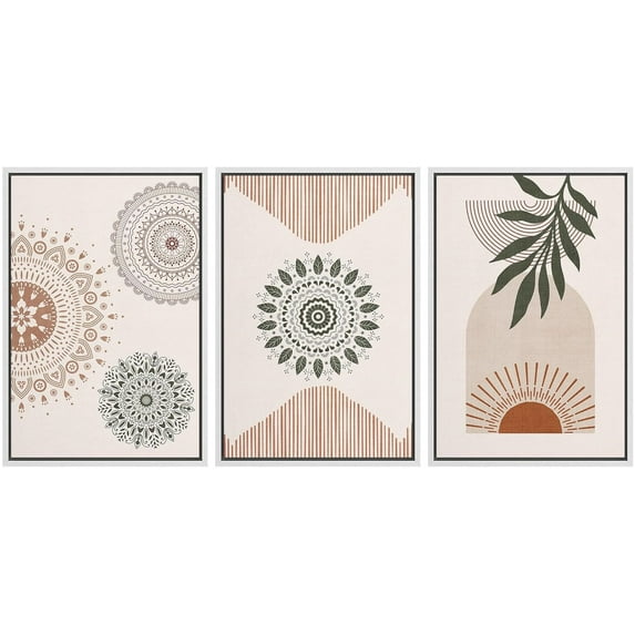 IDEA4WALL Framed Canvas Print Wall Art Set of 3 Geometric Mandala Pattern Forest Plant Abstract Nature Illustrations Modern Art Nordic Zen Decorative for Home Decor - White 16"x24"x3