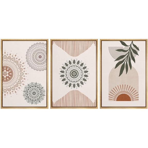 IDEA4WALL Framed Canvas Print Wall Art Set of 3 Geometric Mandala Pattern Forest Plant Abstract Nature Illustrations Modern Art Nordic Zen Decorative for Home Decor - Natural 24"x36"x3