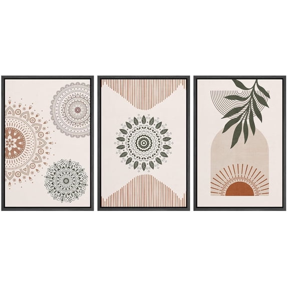 IDEA4WALL Framed Canvas Print Wall Art Set of 3 Geometric Mandala Pattern Forest Plant Abstract Nature Illustrations Modern Art Nordic Zen Decorative for Home Decor - Black 16"x24"x3