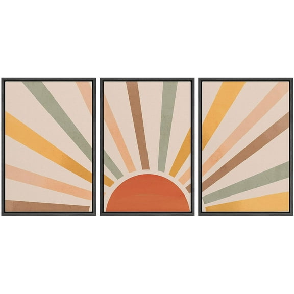 IDEA4WALL Framed Canvas Print Wall Art Set of 3 Geometric Shining Sun with Multicolor Rays of Light Astronomy & Space Sky Abstract Mid-Century Modern Art for Home Decor - Black 16"x24"x3