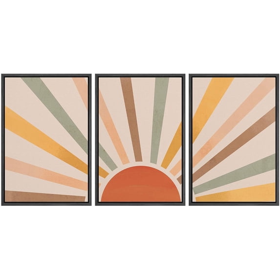 IDEA4WALL Framed Canvas Print Wall Art Set of 3 Geometric Shining Sun with Multicolor Rays of Light Astronomy & Space Sky Abstract Mid-Century Modern Art for Home Decor - Black 24"x36"x3
