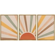 IDEA4WALL Framed Canvas Print Wall Art Set of 3 Geometric Shining Sun with Multicolor Rays of Light Astronomy & Space Sky Abstract Mid-Century Modern Art for Home Decor - Natural 16"x24"x3