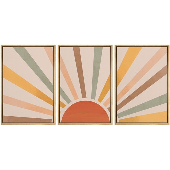 IDEA4WALL Framed Canvas Print Wall Art Set of 3 Geometric Shining Sun with Multicolor Rays of Light Astronomy & Space Sky Abstract Mid-Century Modern Art for Home Decor - Natural 24"x36"x3