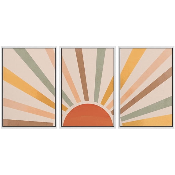 IDEA4WALL Framed Canvas Print Wall Art Set of 3 Geometric Shining Sun with Multicolor Rays of Light Astronomy & Space Sky Abstract Mid-Century Modern Art for Home Decor - White 24"x36"x3