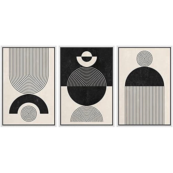 IDEA4WALL Framed Canvas Print Wall Art Set of 3 Geometric Spiral Circle Ring Polygon Boho Pattern Wall Decor Duotone Abstract Collage Prints Minimal Modern Art Nordic Zen Artwork - White 24"x36"x3