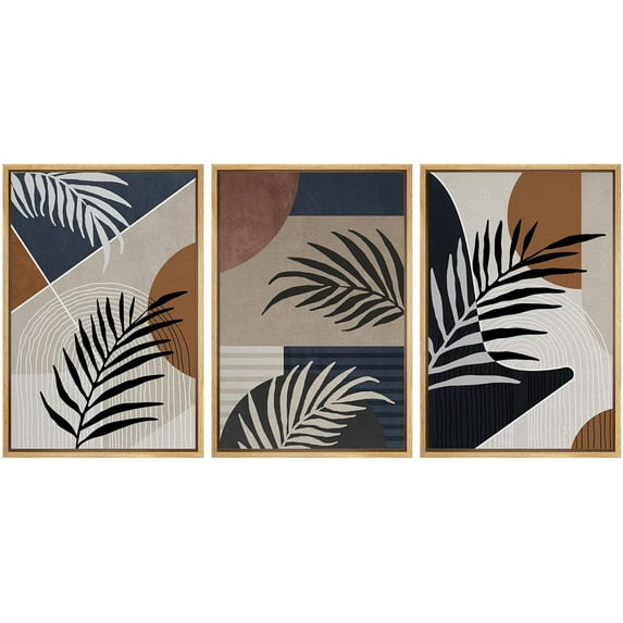 IDEA4WALL Framed Canvas Print Wall Art Set of 3 Geometric Tropical Palm Leaf & Polygon Pattern Wall Decor Colorful Abstract Collage Prints Minimal Modern Art Nordic Zen Artwork - Natural 24"x36"x3