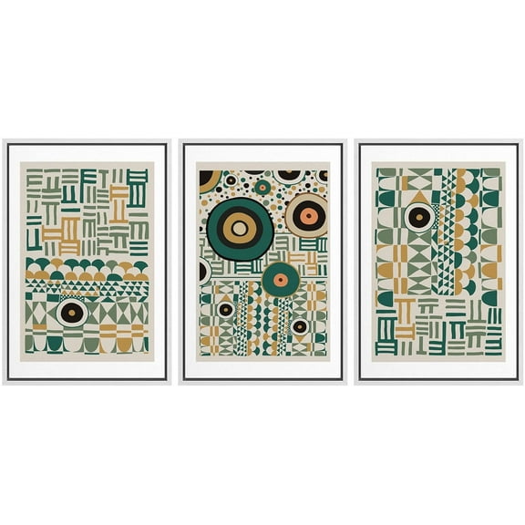 IDEA4WALL Framed Canvas Print Wall Art Set of 3 Gold & Green Polygon Patterns Illustrations Abstract Geometric Modern Art Boho Decorative Multicolor Artwork for Room Decor - White 24"x36"x3