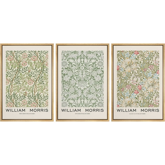 IDEA4WALL Framed Canvas Print Wall Art Set of 3 Green Botanical Floral Posters By William Morris Retro Vintage Wall Decor Antique Flowers Pattern Prints Artwork for Room Decor - Natural 24"x36"x3