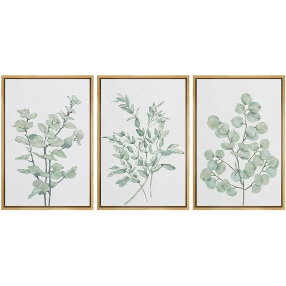 IDEA4WALL Framed Canvas Print Wall Art Set of 3 Green Forest Plant Leaves Nature Wilderness Illustrations Artwork Modern Art Boho Decorative Colorful Chic for Rooms - Natural 16"x24"x3