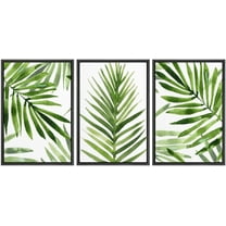 IDEA4WALL Framed Canvas Print Wall Art Set of 3 Green Tropical Palm Leaf Prints, Watercolor Botanical Art Prints, Large Modern Wall Art, Minimalist Artwork for Home Decor - Black 16"x24"x3