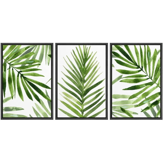 IDEA4WALL Framed Canvas Print Wall Art Set of 3 Green Tropical Palm Leaf Prints, Watercolor Botanical Art Prints, Large Modern Wall Art, Minimalist Artwork for Home Decor - Black 16"x24"x3