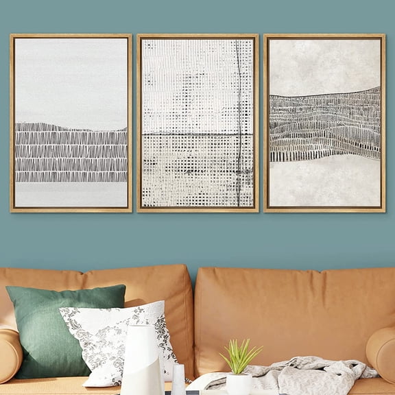 IDEA4WALL Framed Canvas Print Wall Art Set of 3 Grunge Black Tan Line Art Landscape Abstract Shapes Cozy Neutral Modern Art Decorative Contemporary Minimal for Rooms - 16"x24"x3 Natural