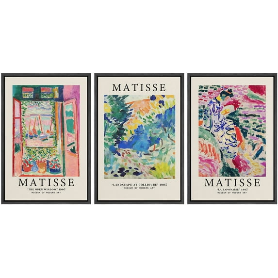IDEA4WALL Framed Canvas Print Wall Art Set of 3 Henri Matisse Exhibition Posters Fine Art Nature Wilderness Geometric Floral Botanical Modern Art Calm/Relax/Cozy for Rooms - Black 24"x36"x3