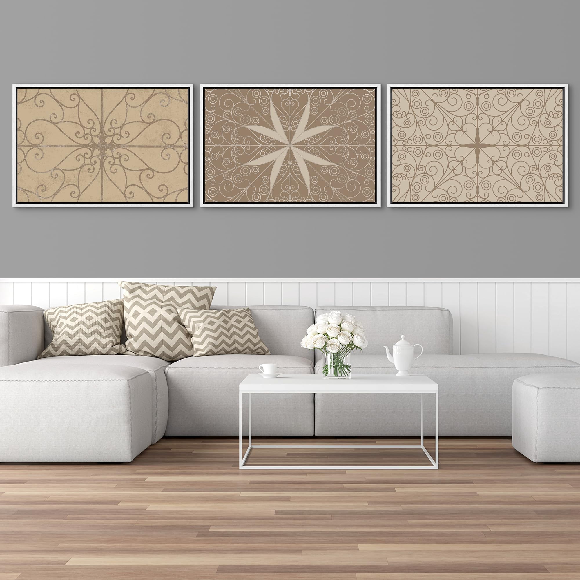 IDEA4WALL Framed Canvas Print Wall Art Set of 3 Ironwork Pattern Beige ...