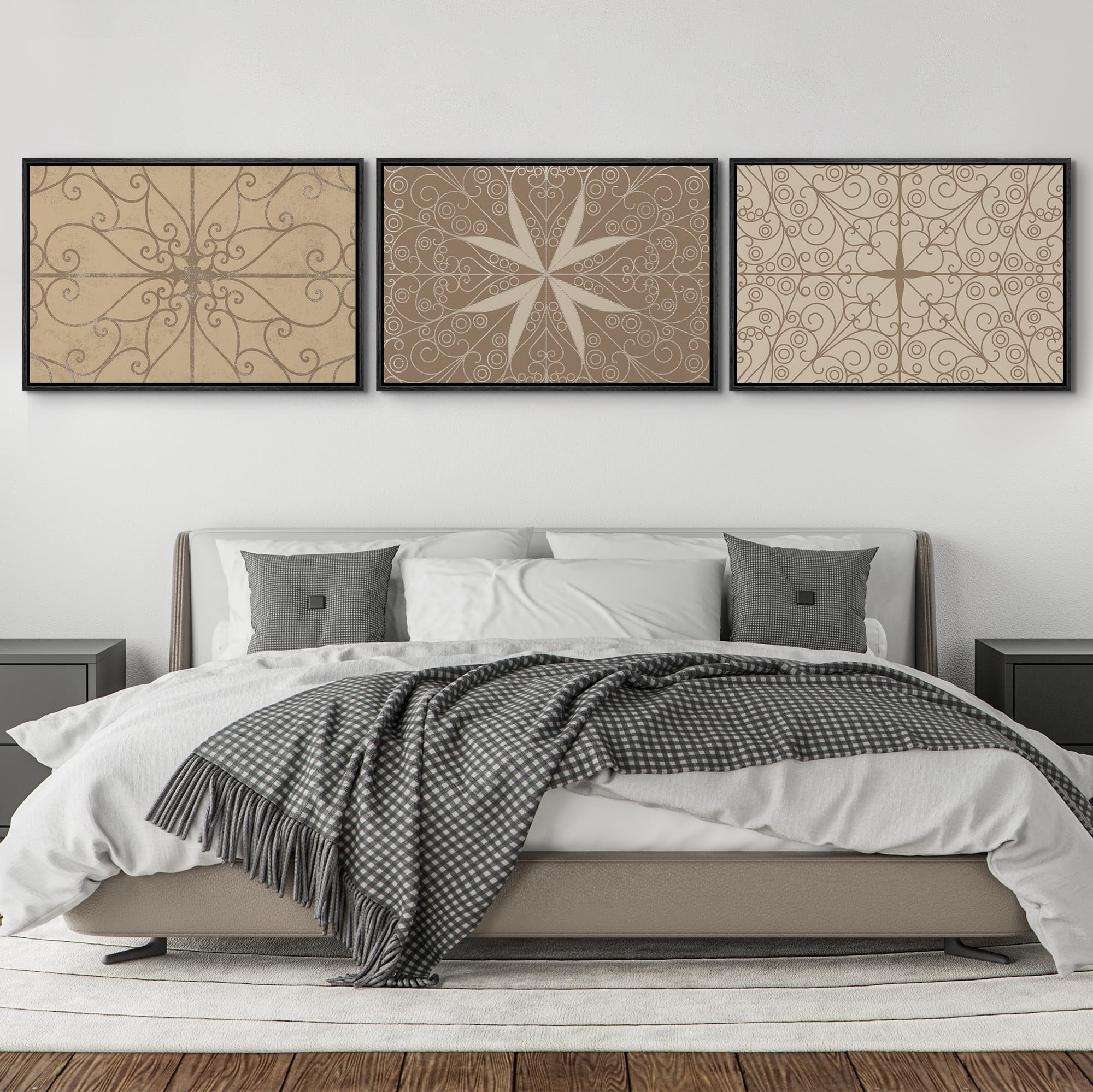 IDEA4WALL Framed Canvas Print Wall Art Set of 3 Ironwork Pattern Beige ...