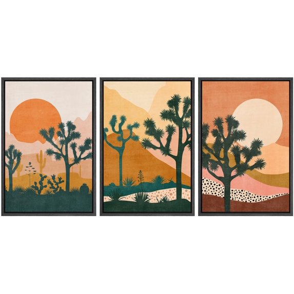IDEA4WALL Framed Canvas Print Wall Art Set of 3 Joshua Tree Art Prints Large Boho Wall Decor Minimalist Modern Mid Century Abstract Desert Cactus Modern Artwork for Bedroom - Black 24"x36"x3