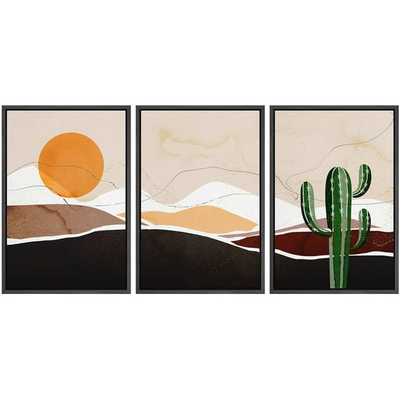 IDEA4WALL Framed Canvas Print Wall Art Set of 3 Mid-Century Desert Dune Cactus Landscape Abstract Nature Illustrations Modern Art Nordic Zen Decorative for Home Decor - Black 24"x36"x3