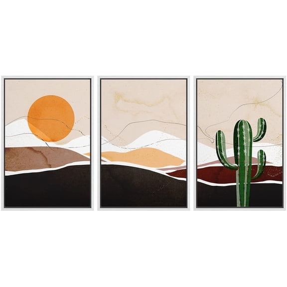 IDEA4WALL Framed Canvas Print Wall Art Set of 3 Mid-Century Desert Dune Cactus Landscape Abstract Nature Illustrations Modern Art Nordic Zen Decorative for Home Decor - White 24"x36"x3