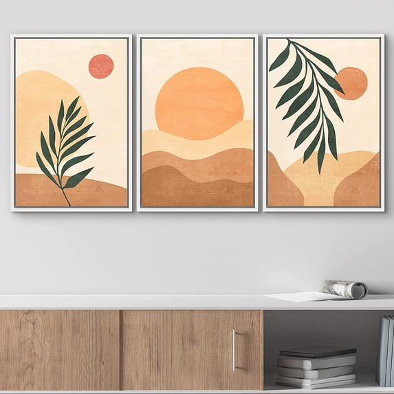 IDEA4WALL Framed Canvas Print Wall Art Set of 3 Mid-Century Geometric Sunlight Palm Leaf Nature Abstract Shapes Minimalism Boho Decor for Living Room, Bedroom, Office - 24"x36"x3 White