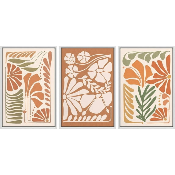 IDEA4WALL Framed Canvas Print Wall Art Set of 3 Mid-Century Modern Tropical Flowers Painting Nature Wilderness Vintage Art Floral Botanical Wall Decor Minimal Artwork for Rooms - White 16"x24"x3