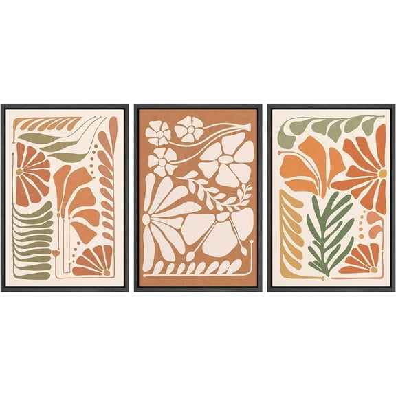 IDEA4WALL Framed Canvas Print Wall Art Set of 3 Mid-Century Modern Tropical Flowers Painting Nature Wilderness Vintage Art Floral Botanical Wall Decor Minimal Artwork for Rooms - Black 16"x24"x3