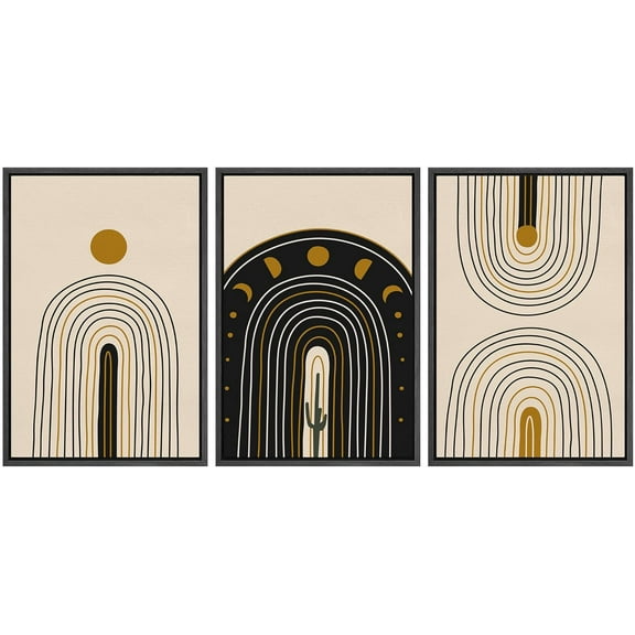 IDEA4WALL Framed Canvas Print Wall Art Set of 3 Mid-Century Moon & Sun Landscape Boho Pattern Wall Decor Abstract Geometric Collage Prints Minimal Modern Art Nordic Zen Artwork - Black 16"x24"x3