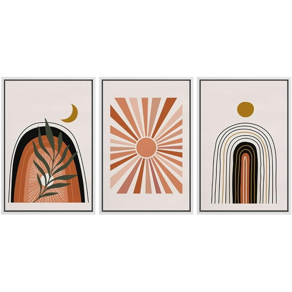 IDEA4WALL Framed Canvas Print Wall Art Set of 3 Mid-Century Sun & Moon Geometric Collage Abstract Line Illustration Colorful Wall Decor Nature Landscape Bohemian Digital Art - White 16"x24"x3