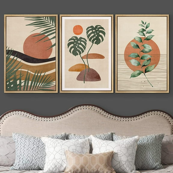 IDEA4WALL Framed Canvas Print Wall Art Set of 3 Mid-Century Tropical Plant & Sun Collage Abstract Shapes Minimalism Boho Decorative for Living Room, Bedroom, Office - 24"x36"x3 Natural
