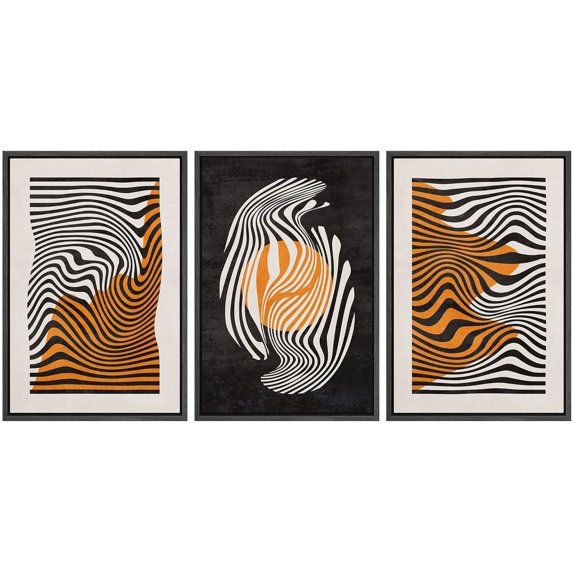 IDEA4WALL Framed Canvas Print Wall Art Set of 3 Mid-Century Zebra Stripes Illustrations Abstract Geometric Modern Art Boho Decorative Calm/Zen for Room Decor - Black 16"x24"x3