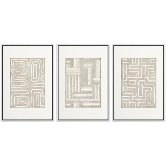 IDEA4WALL Framed Canvas Print Wall Art Set of 3 Minimalist Linear Design Digital Art Wall Decor Neutral Tones Geometric Illustrations Prints Vintage Minimal Artwork - White 16"x24"x3