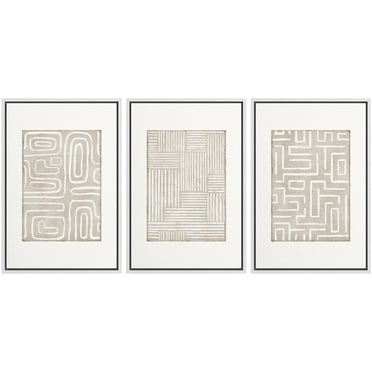 IDEA4WALL Framed Canvas Print Wall Art Set of 3 Minimalist Linear Design Digital Art Wall Decor Neutral Tones Geometric Illustrations Prints Vintage Minimal Artwork - White 16"x24"x3
