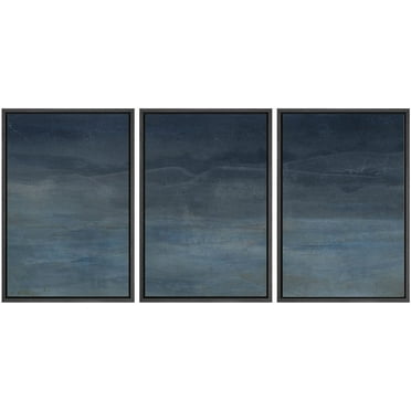 IDEA4WALL Framed Canvas Print Wall Art Set of 3 Minimalist Navy Blue & Gray Abstract Illustration Pastel Hazy Landscape Modern Graffiti Digital Art Zen Cool Relax for Home Decor - Black 16"x24"x3
