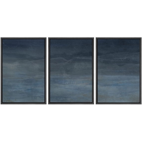 IDEA4WALL Framed Canvas Print Wall Art Set of 3 Minimalist Navy Blue & Gray Abstract Illustration Pastel Hazy Landscape Modern Graffiti Digital Art Zen Cool Relax for Home Decor - Black 24"x36"x3