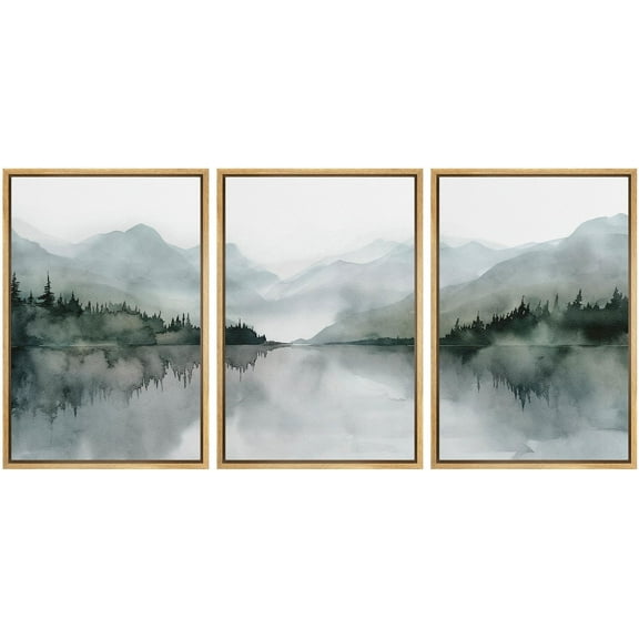 IDEA4WALL Framed Canvas Print Wall Art Set of 3 Misty Mountain & Lake View Illustration Print Watercolor Abstract Forest Serene Modern Digital Art Minimal Chic for Home Decor - Natural 24"x36"x3