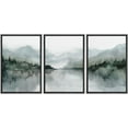 thumbnail image 1 of IDEA4WALL Framed Canvas Print Wall Art Set of 3 Misty Mountain & Lake View Illustration Print Watercolor Abstract Forest Serene Modern Digital Art Minimal Chic for Home Decor - Black 16"x24"x3, 1 of 5