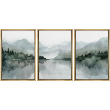 IDEA4WALL Framed Canvas Print Wall Art Set of 3 Misty Mountain & Lake View Illustration Print Watercolor Abstract Forest Serene Modern Digital Art Minimal Chic for Home Decor - Natural 24"x36"x3