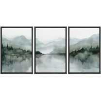IDEA4WALL Framed Canvas Print Wall Art Set of 3 Misty Mountain & Lake View Illustration Print Watercolor Abstract Forest Serene Modern Digital Art Minimal Chic for Home Decor - Black 16"x24"x3